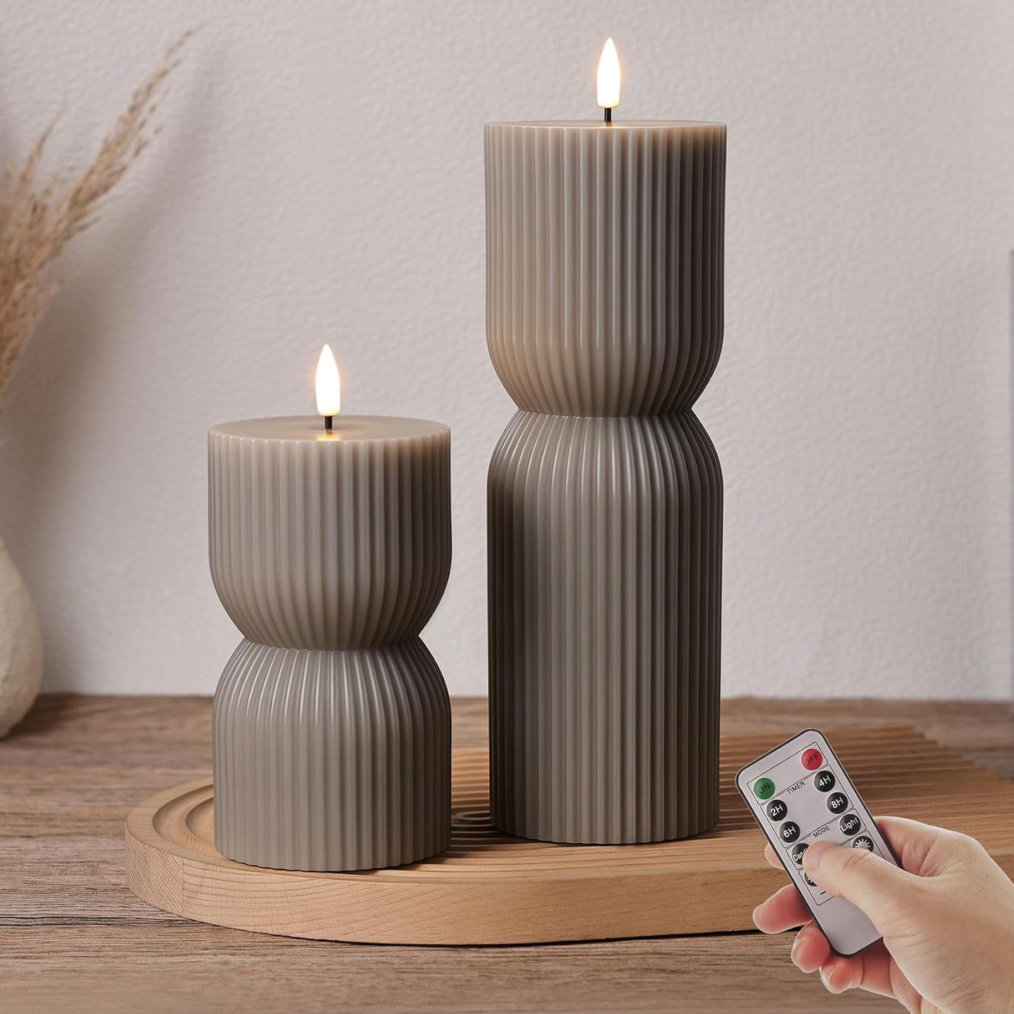 Olive Green Ribbed Flameless Pillar Candles with Remote Set of 2 | 2 AA Battery Powered, Flickering LED Decorative Candles, Home Shelf Table Decor, Real Wax Coating