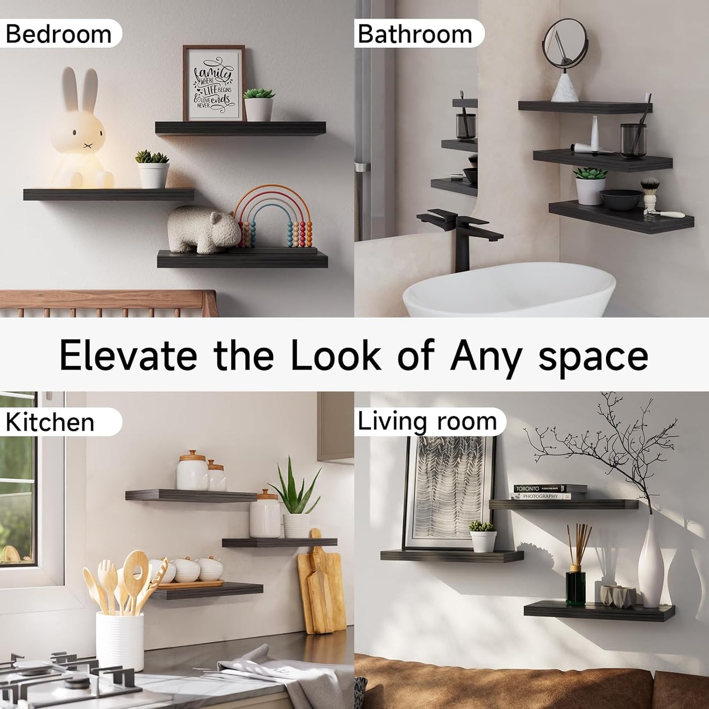 Floating Shelves for Wall, Wall Mounted Rustic Wood Shelves for Bathroom, Bedroom, Living Room, Kitchen, Hanging Shelf for Books/Storage/Room Decor with 22Lbs Capacity (Black, Set of 3, 15.7In) | Easy Install, 22Lbs Max Load, Hidden Bracket, Wall Shelves for Lego Plant Nursery Dorm Laundry Display, Multi-Wall Compatible