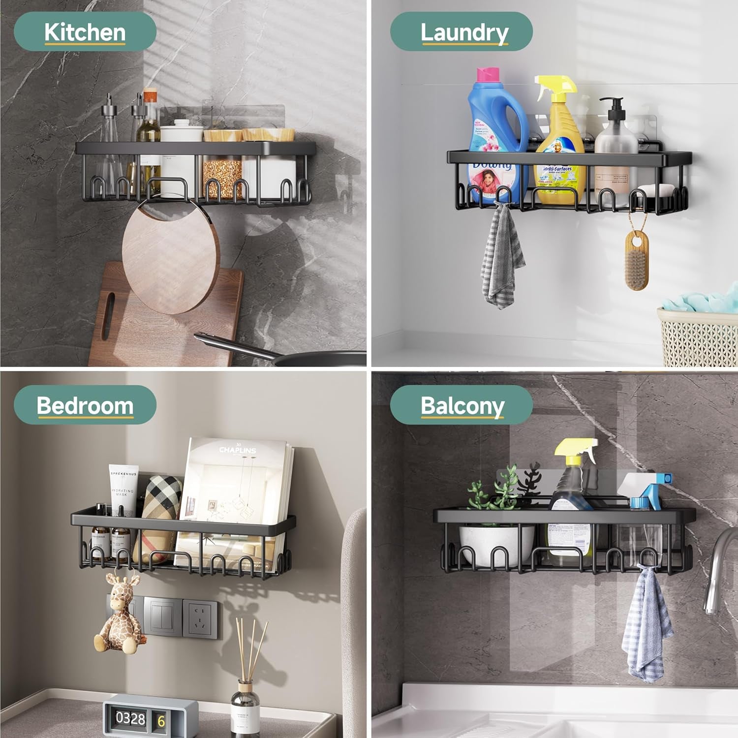 Shower Caddy 6-Pack, Bathroom Organizers and Storage Shelves, Black | Advanced Rustproof Design, Large Capacity, No Drilling, Adhesive Rack with Soap Holder, Wall-Mounted Kitchen & Home Decor