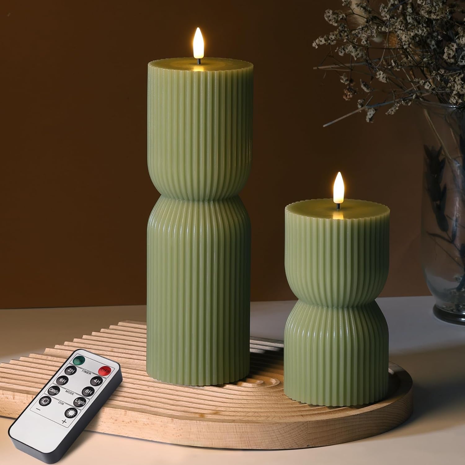 Olive Green Ribbed Flameless Pillar Candles with Remote Set of 2 | 2 AA Battery Powered, Flickering LED Decorative Candles, Home Shelf Table Decor, Real Wax Coating