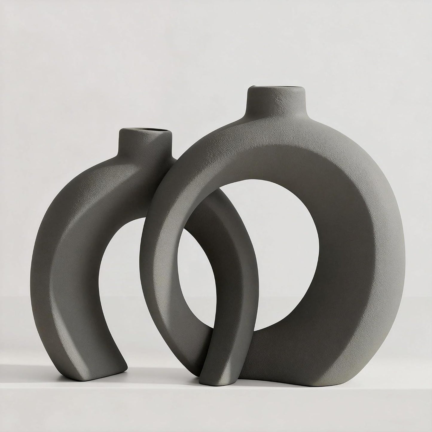 Set of 2 Gray Ceramic Vases for Home Decor Accents - Unique Hollow Donut Artistic Design Minimalism Industrial Scandinavian Style Decorative Vases for Shelf, Mantel, Entryway Table Decor (Matte Gray)