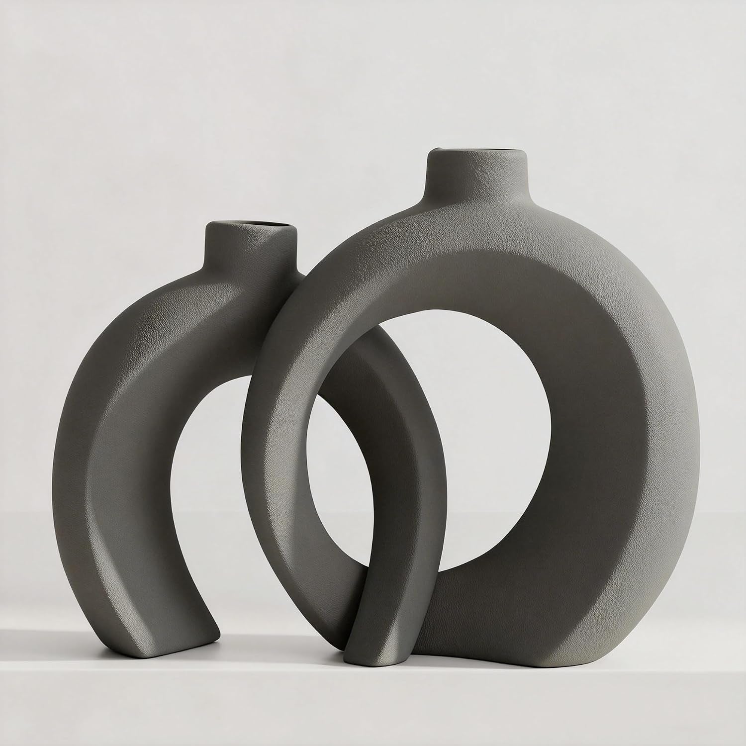 Set of 2 Gray Ceramic Vases for Home Decor Accents - Unique Hollow Donut Artistic Design Minimalism Industrial Scandinavian Style Decorative Vases for Shelf, Mantel, Entryway Table Decor (Matte Gray)