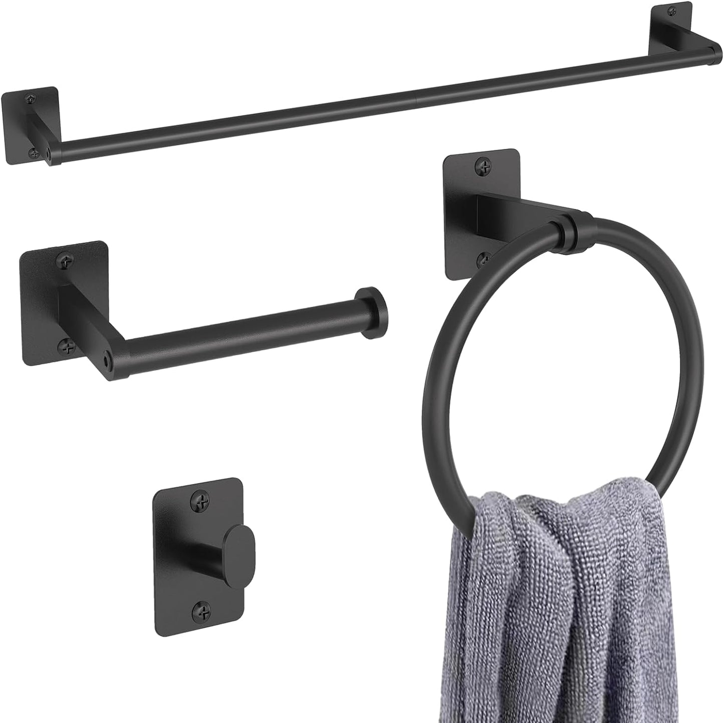 Black Bathroom Accessories Set, 4-Piece Bathroom Hardware Set | 24 Inch Towel Bar, Towel Racks for Bathroom, Robe Towel Hooks, Toilet Paper Holder Wall Mounted
