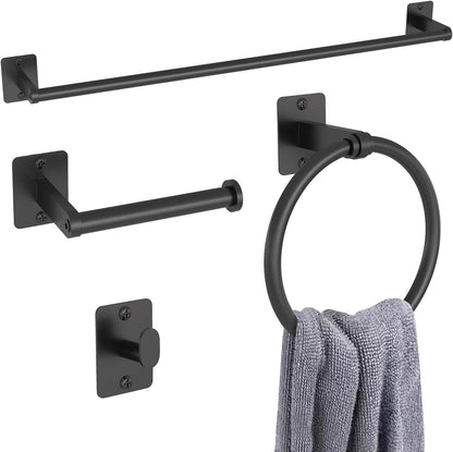 Black Bathroom Accessories Set, 4-Piece Bathroom Hardware Set | 24 Inch Towel Bar, Towel Racks for Bathroom, Robe Towel Hooks, Toilet Paper Holder Wall Mounted