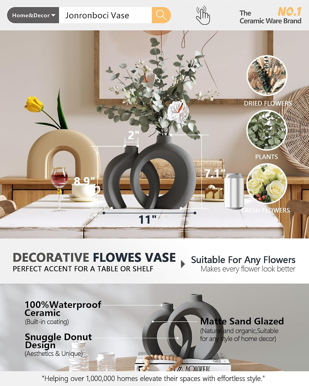Set of 2 Gray Ceramic Vases for Home Decor Accents - Unique Hollow Donut Artistic Design Minimalism Industrial Scandinavian Style Decorative Vases for Shelf, Mantel, Entryway Table Decor (Matte Gray)