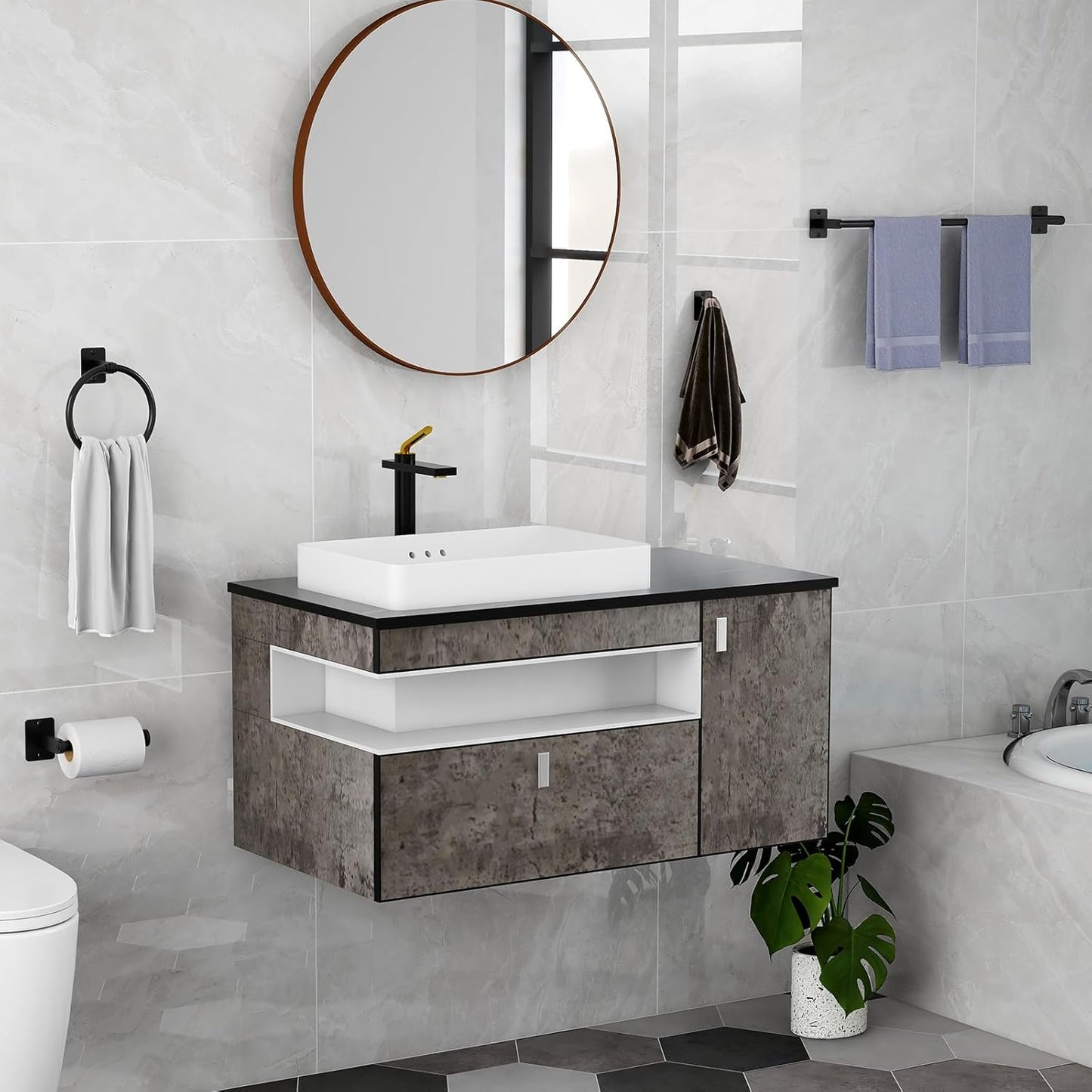 Black Bathroom Accessories Set, 4-Piece Bathroom Hardware Set | 24 Inch Towel Bar, Towel Racks for Bathroom, Robe Towel Hooks, Toilet Paper Holder Wall Mounted