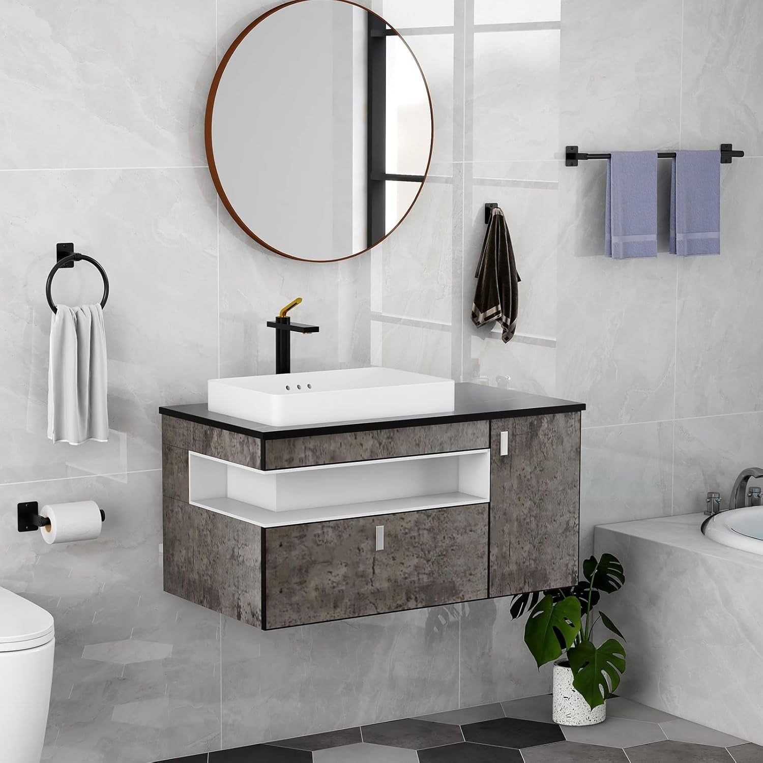 Black Bathroom Accessories Set, 4-Piece Bathroom Hardware Set | 24 Inch Towel Bar, Towel Racks for Bathroom, Robe Towel Hooks, Toilet Paper Holder Wall Mounted