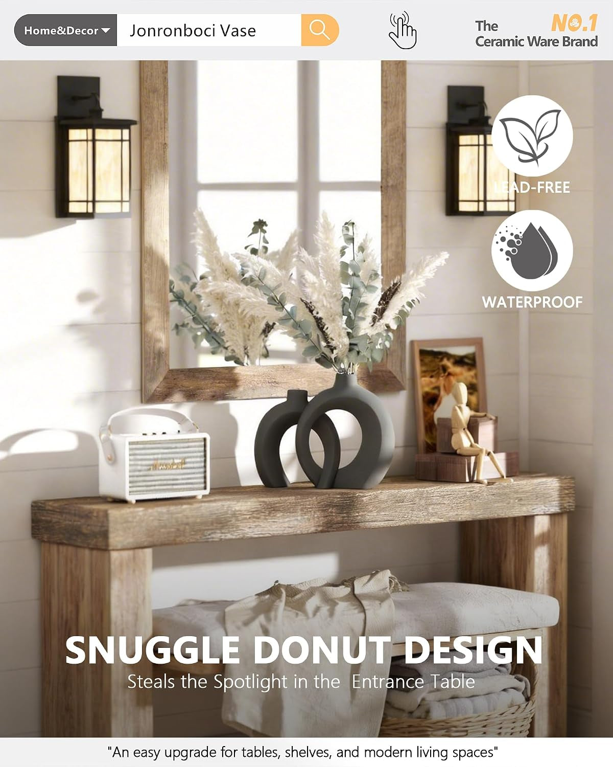 Set of 2 Gray Ceramic Vases for Home Decor Accents - Unique Hollow Donut Artistic Design Minimalism Industrial Scandinavian Style Decorative Vases for Shelf, Mantel, Entryway Table Decor (Matte Gray)