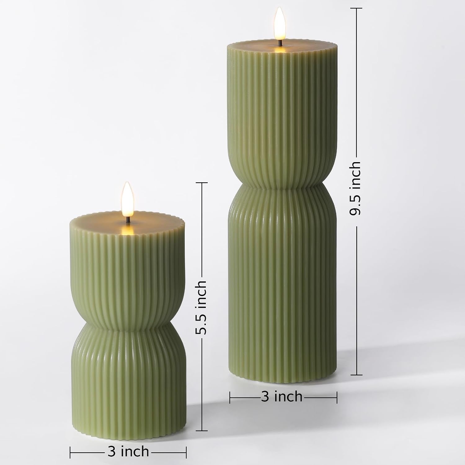 Olive Green Ribbed Flameless Pillar Candles with Remote Set of 2 | 2 AA Battery Powered, Flickering LED Decorative Candles, Home Shelf Table Decor, Real Wax Coating
