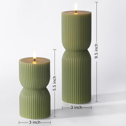 Olive Green Ribbed Flameless Pillar Candles with Remote Set of 2 | 2 AA Battery Powered, Flickering LED Decorative Candles, Home Shelf Table Decor, Real Wax Coating