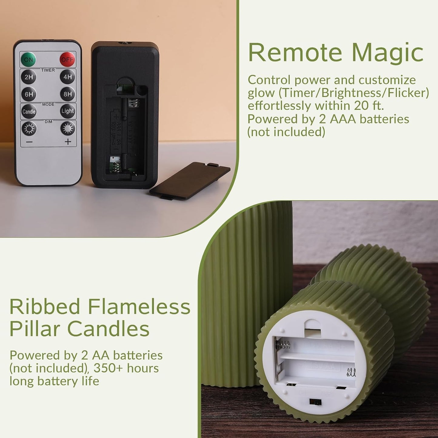 Olive Green Ribbed Flameless Pillar Candles with Remote Set of 2 | 2 AA Battery Powered, Flickering LED Decorative Candles, Home Shelf Table Decor, Real Wax Coating