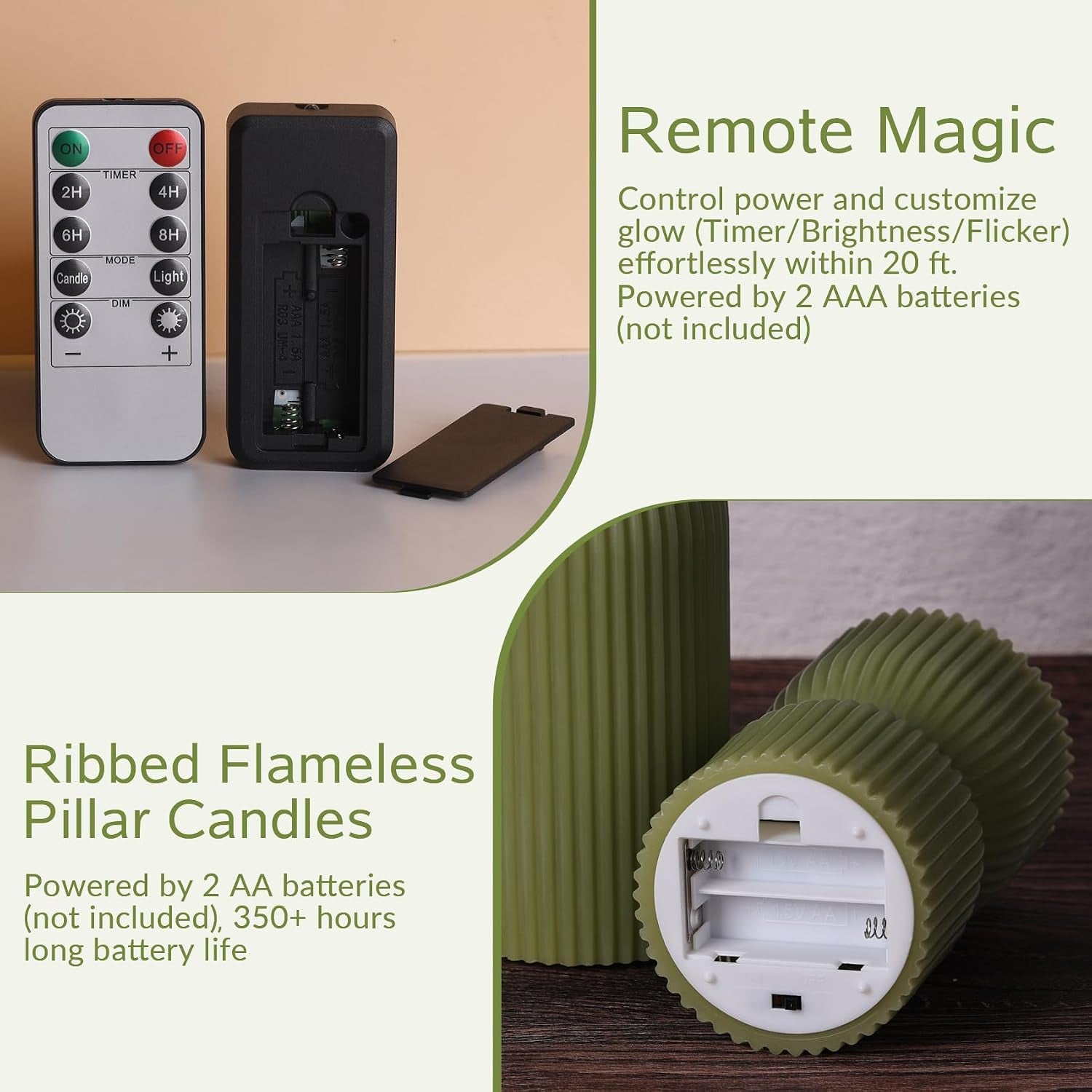 Olive Green Ribbed Flameless Pillar Candles with Remote Set of 2 | 2 AA Battery Powered, Flickering LED Decorative Candles, Home Shelf Table Decor, Real Wax Coating
