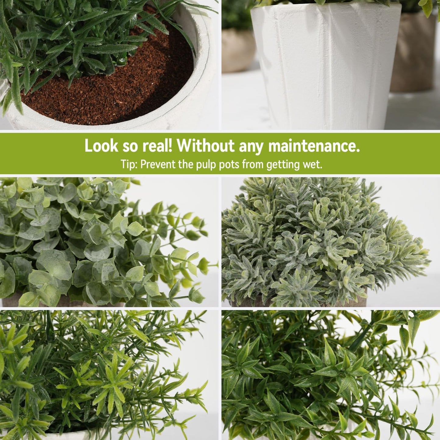 4 Pack Small Fake Plants in White Pulp Pot for Home Decor | Artificial Plants Indoor, for Bathroom Bedroom Kitchen Office Farmhouse Room Shelf Decor, Easy to Clean, Lifelike Appearance