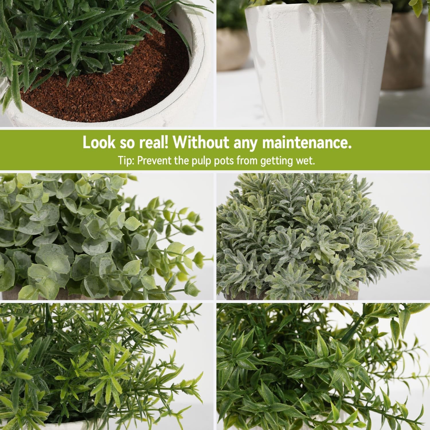 4 Pack Small Fake Plants in White Pulp Pot for Home Decor | Artificial Plants Indoor, for Bathroom Bedroom Kitchen Office Farmhouse Room Shelf Decor, Easy to Clean, Lifelike Appearance