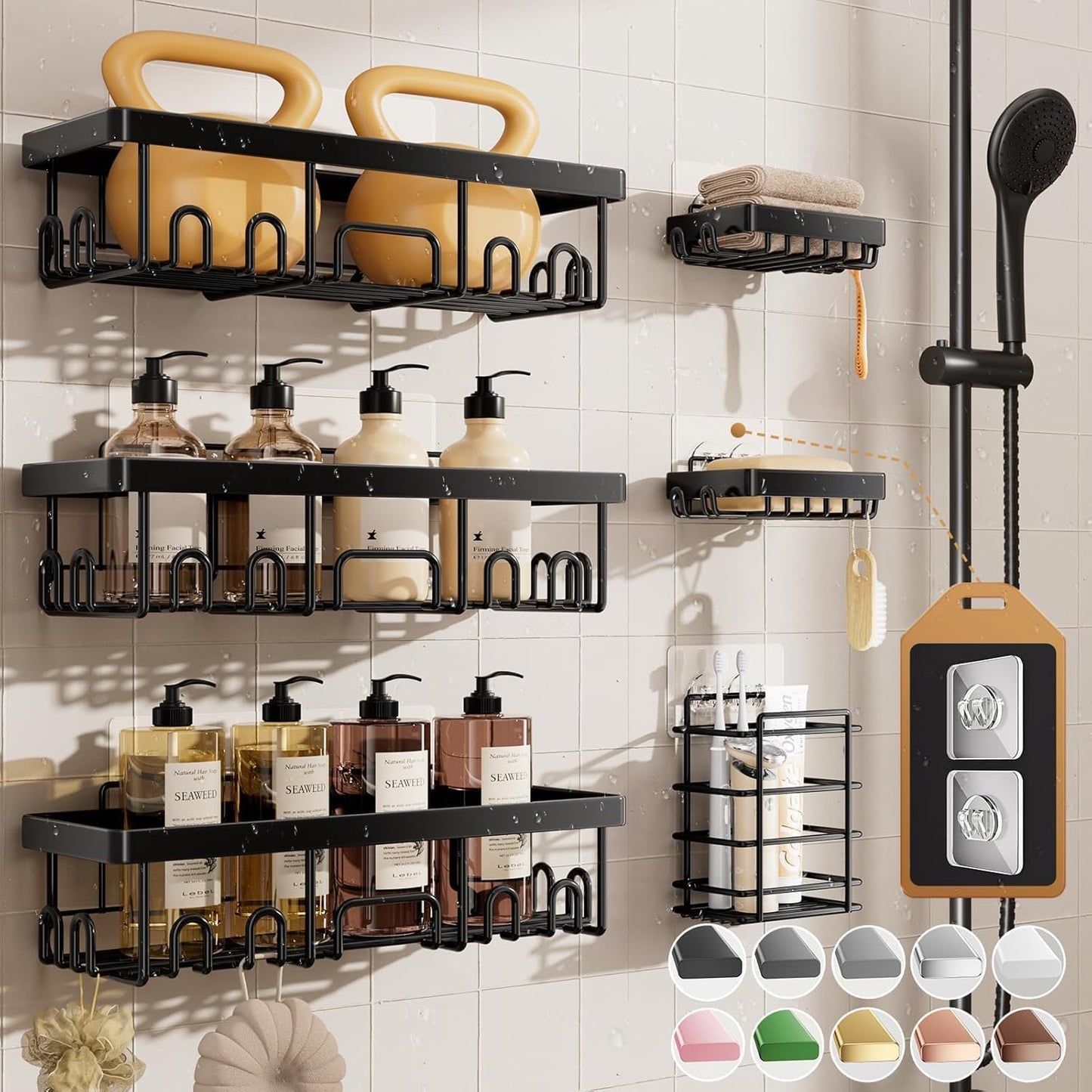 Shower Caddy 6-Pack, Bathroom Organizers and Storage Shelves, Black | Advanced Rustproof Design, Large Capacity, No Drilling, Adhesive Rack with Soap Holder, Wall-Mounted Kitchen & Home Decor