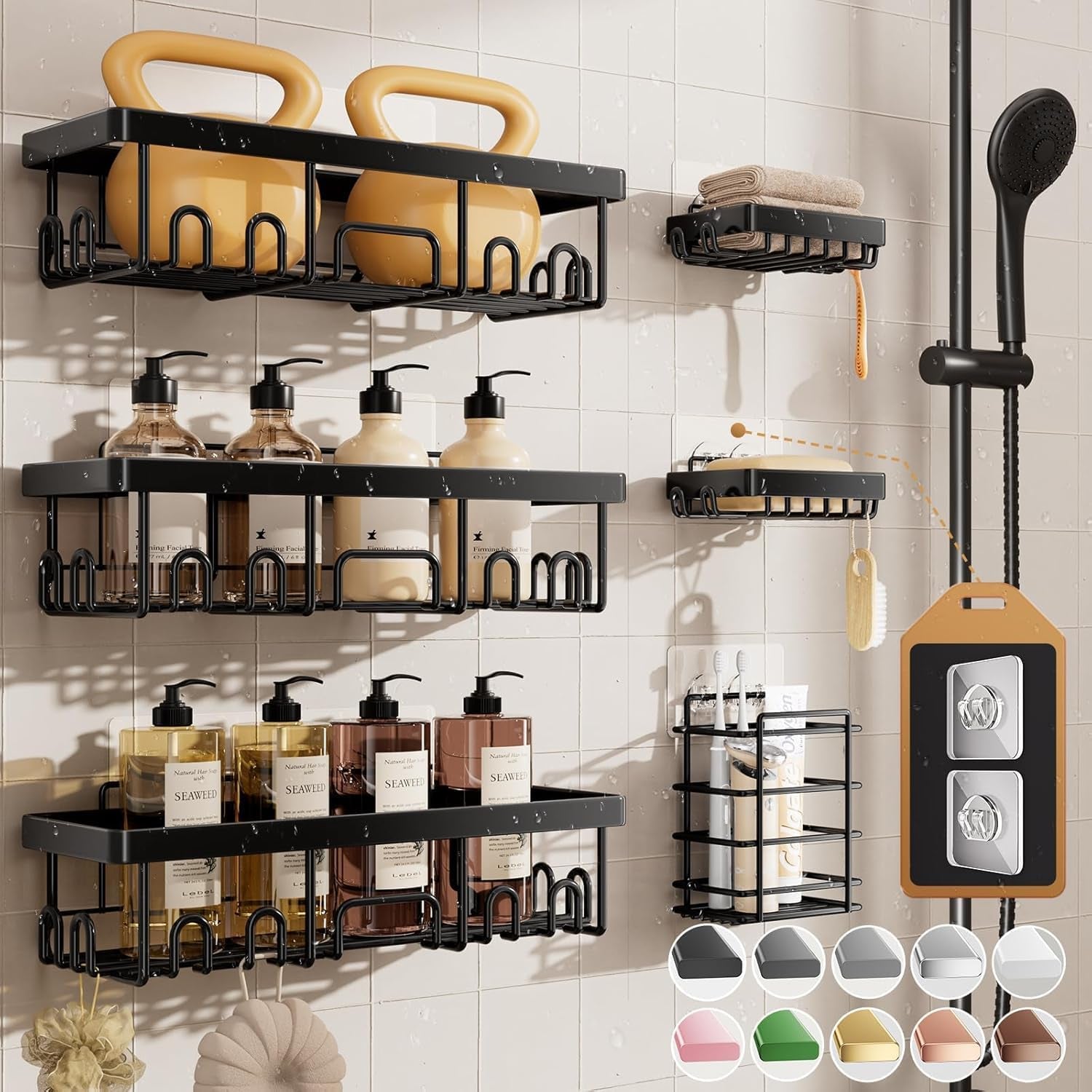 Shower Caddy 6-Pack, Bathroom Organizers and Storage Shelves, Black | Advanced Rustproof Design, Large Capacity, No Drilling, Adhesive Rack with Soap Holder, Wall-Mounted Kitchen & Home Decor