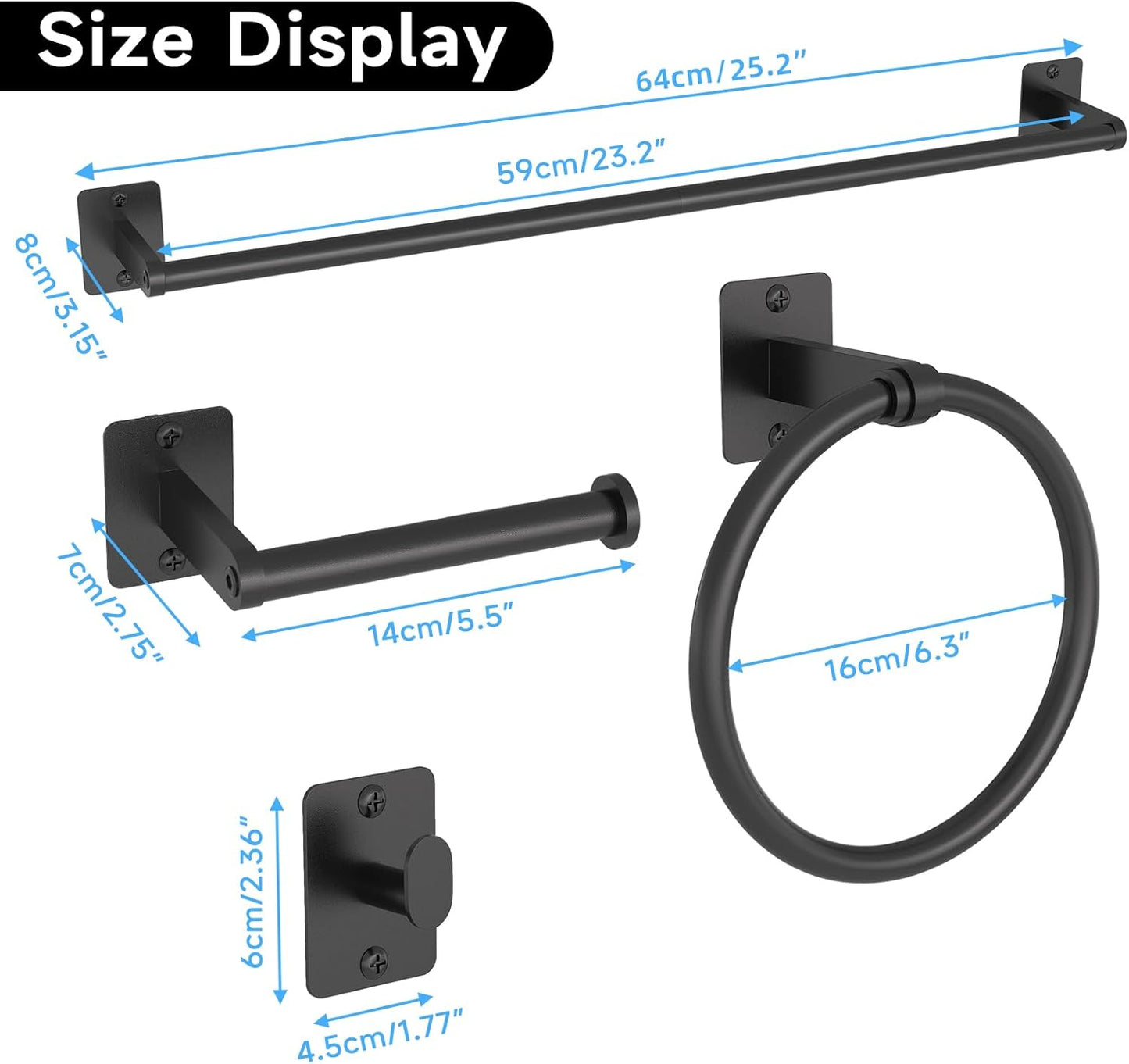 Black Bathroom Accessories Set, 4-Piece Bathroom Hardware Set | 24 Inch Towel Bar, Towel Racks for Bathroom, Robe Towel Hooks, Toilet Paper Holder Wall Mounted