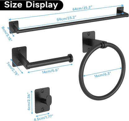 Black Bathroom Accessories Set, 4-Piece Bathroom Hardware Set | 24 Inch Towel Bar, Towel Racks for Bathroom, Robe Towel Hooks, Toilet Paper Holder Wall Mounted