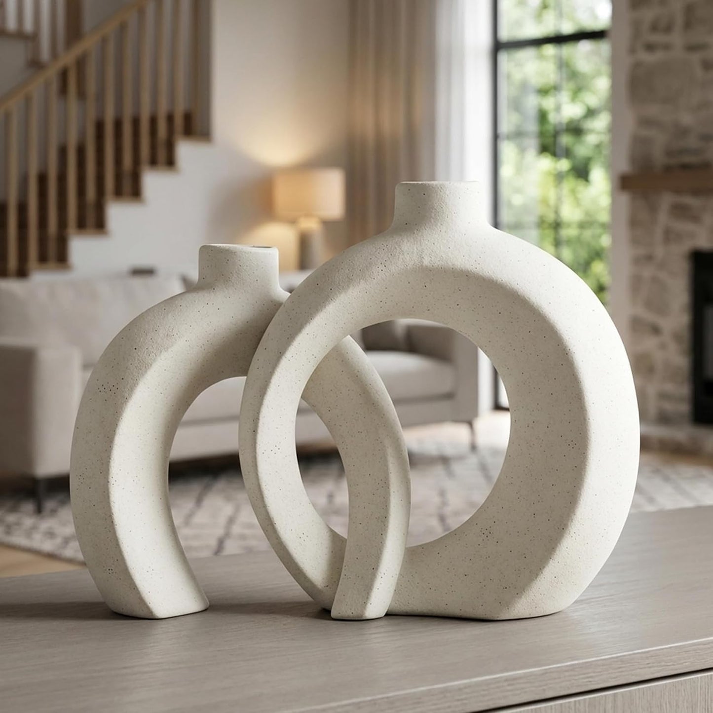 Set of 2 Gray Ceramic Vases for Home Decor Accents - Unique Hollow Donut Artistic Design Minimalism Industrial Scandinavian Style Decorative Vases for Shelf, Mantel, Entryway Table Decor (Matte Gray)