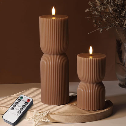 Olive Green Ribbed Flameless Pillar Candles with Remote Set of 2 | 2 AA Battery Powered, Flickering LED Decorative Candles, Home Shelf Table Decor, Real Wax Coating