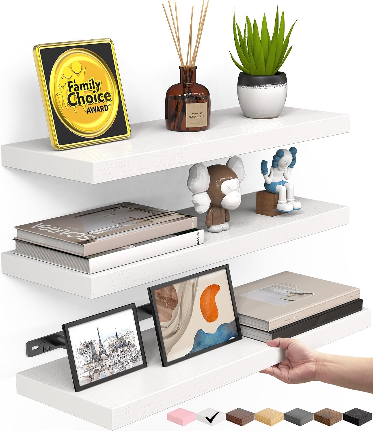Floating Shelves for Wall, Wall Mounted Rustic Wood Shelves for Bathroom, Bedroom, Living Room, Kitchen, Hanging Shelf for Books/Storage/Room Decor with 22Lbs Capacity (Black, Set of 3, 15.7In) | Easy Install, 22Lbs Max Load, Hidden Bracket, Wall Shelves for Lego Plant Nursery Dorm Laundry Display, Multi-Wall Compatible
