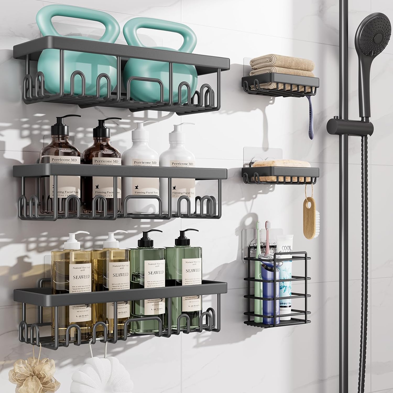 Shower Caddy 6-Pack, Bathroom Organizers and Storage Shelves, Black | Advanced Rustproof Design, Large Capacity, No Drilling, Adhesive Rack with Soap Holder, Wall-Mounted Kitchen & Home Decor