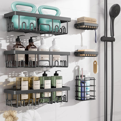 Shower Caddy 6-Pack, Bathroom Organizers and Storage Shelves, Black | Advanced Rustproof Design, Large Capacity, No Drilling, Adhesive Rack with Soap Holder, Wall-Mounted Kitchen & Home Decor