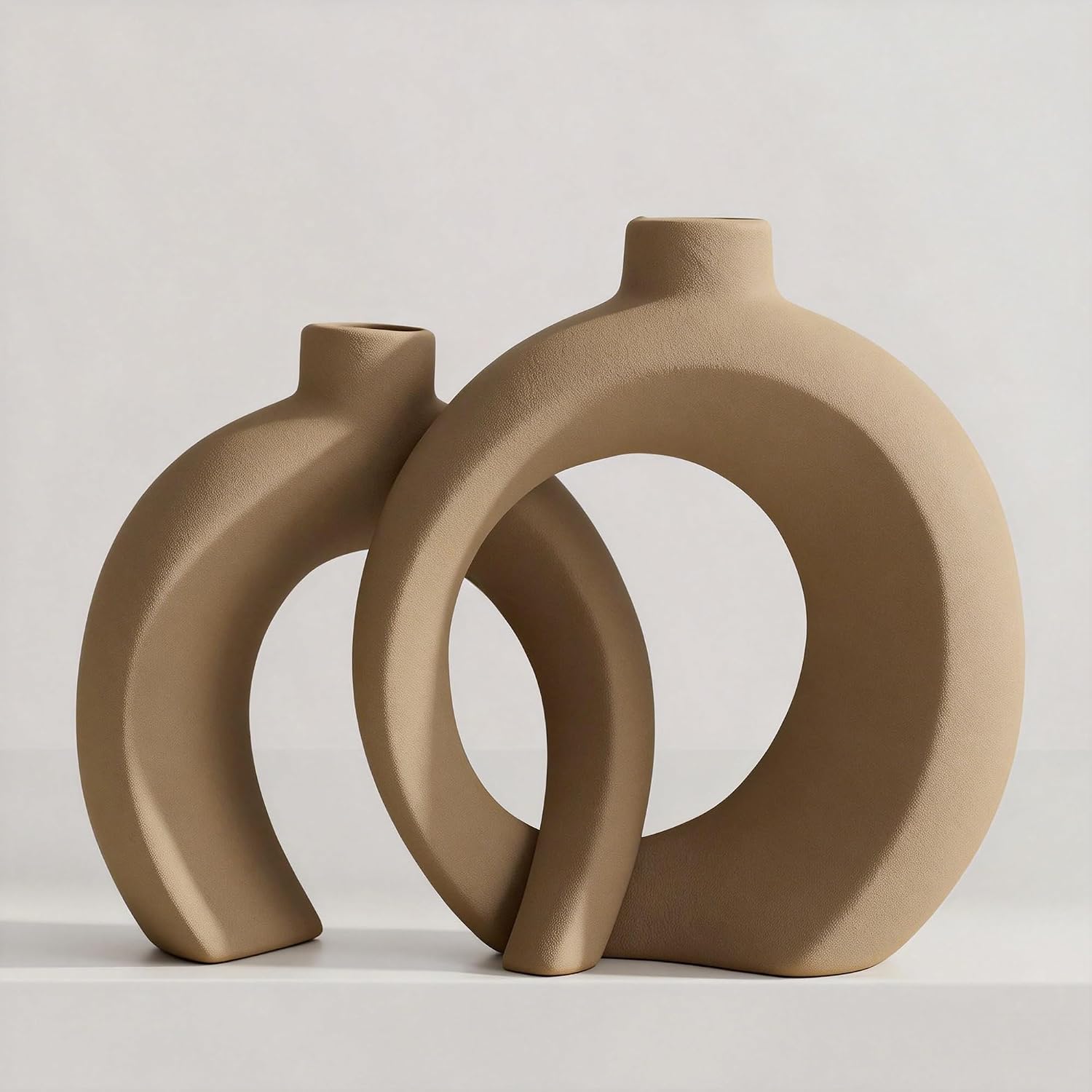 Set of 2 Gray Ceramic Vases for Home Decor Accents - Unique Hollow Donut Artistic Design Minimalism Industrial Scandinavian Style Decorative Vases for Shelf, Mantel, Entryway Table Decor (Matte Gray)