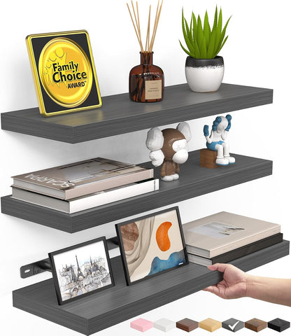 Floating Shelves for Wall, Wall Mounted Rustic Wood Shelves for Bathroom, Bedroom, Living Room, Kitchen, Hanging Shelf for Books/Storage/Room Decor with 22Lbs Capacity (Black, Set of 3, 15.7In) | Easy Install, 22Lbs Max Load, Hidden Bracket, Wall Shelves for Lego Plant Nursery Dorm Laundry Display, Multi-Wall Compatible