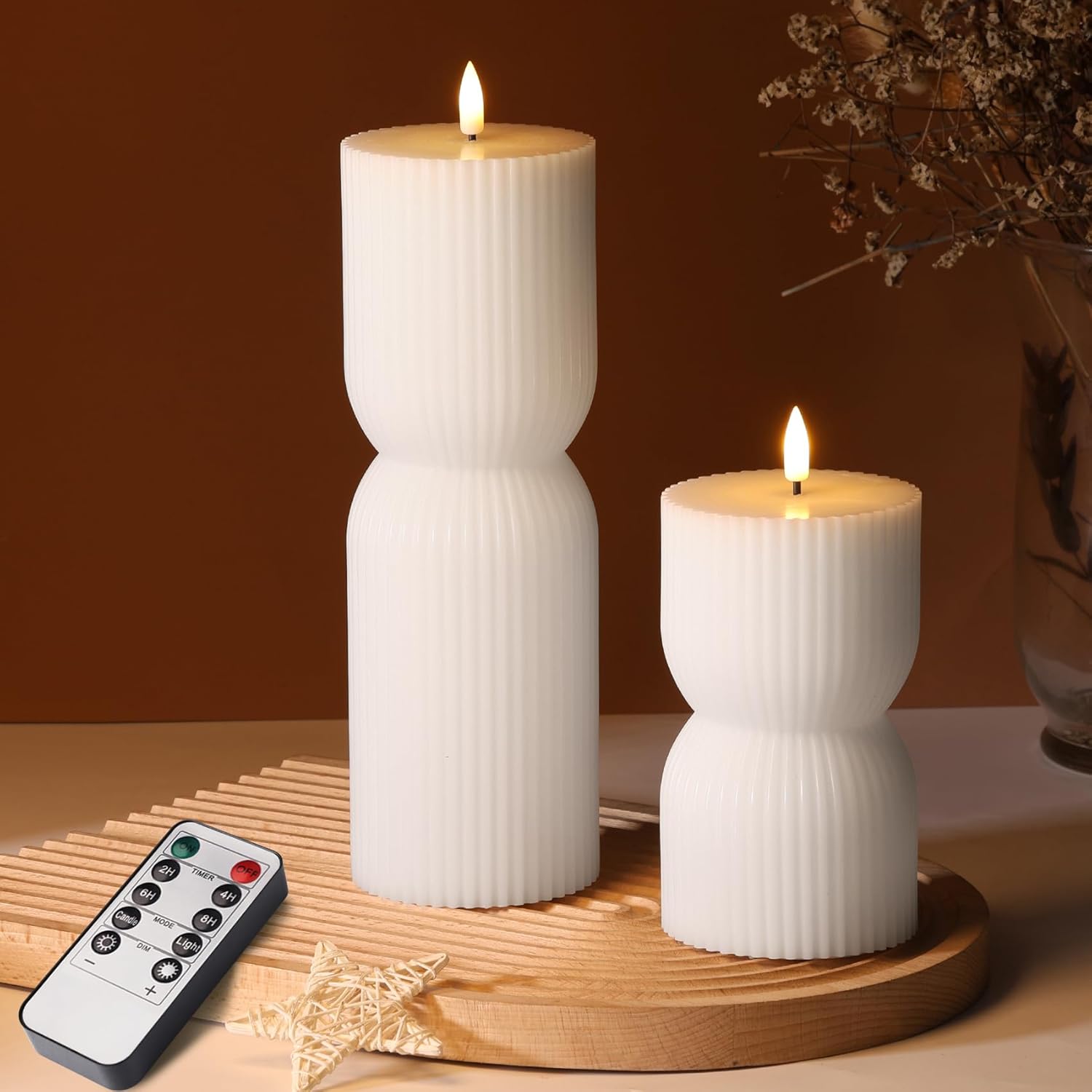 Olive Green Ribbed Flameless Pillar Candles with Remote Set of 2 | 2 AA Battery Powered, Flickering LED Decorative Candles, Home Shelf Table Decor, Real Wax Coating
