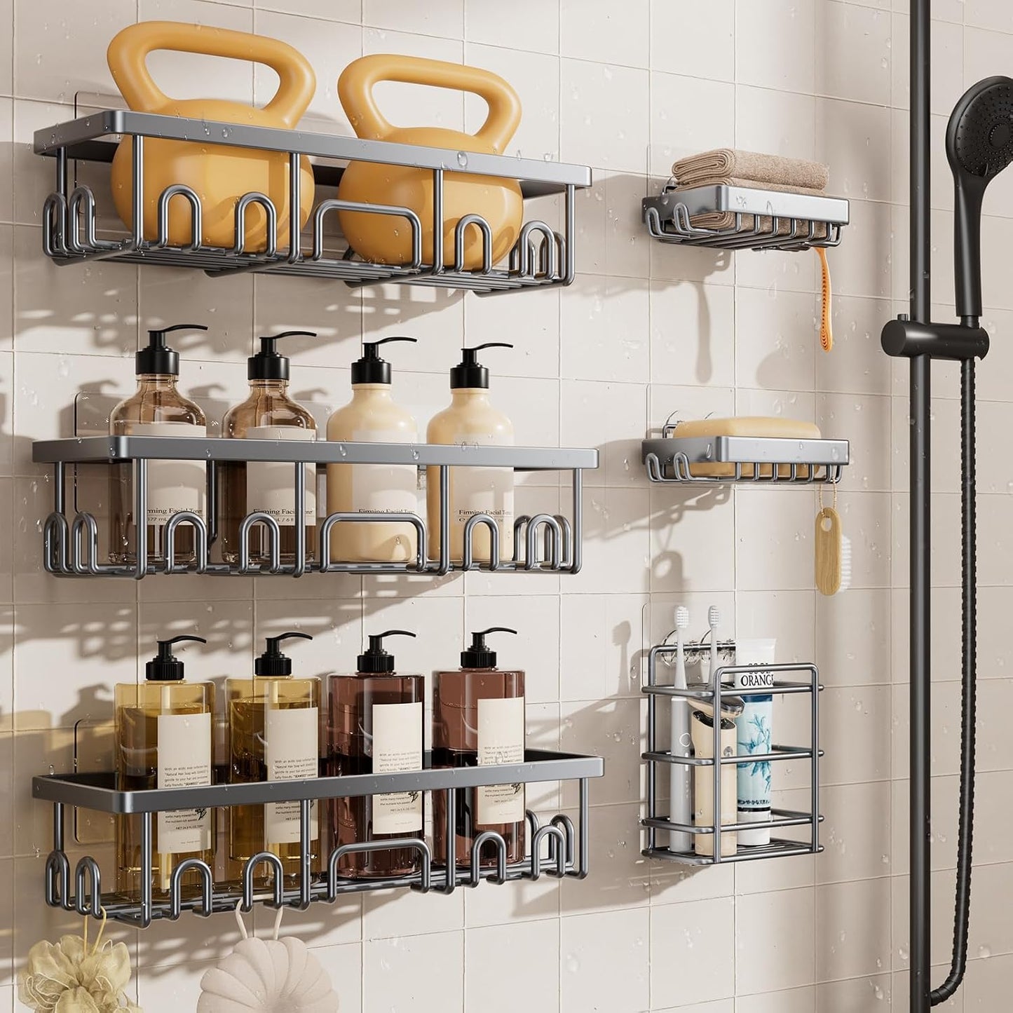 Shower Caddy 6-Pack, Bathroom Organizers and Storage Shelves, Black | Advanced Rustproof Design, Large Capacity, No Drilling, Adhesive Rack with Soap Holder, Wall-Mounted Kitchen & Home Decor
