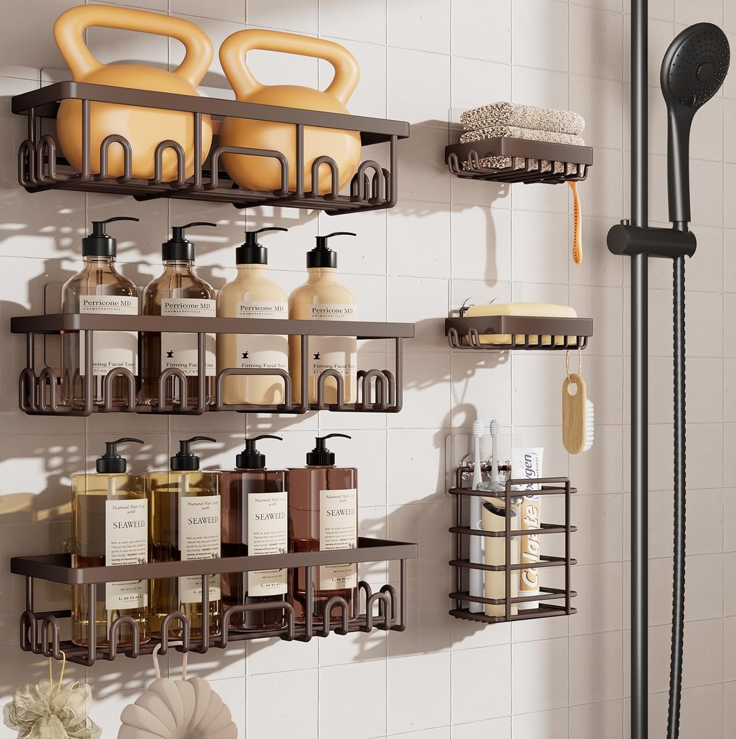 Shower Caddy 6-Pack, Bathroom Organizers and Storage Shelves, Black | Advanced Rustproof Design, Large Capacity, No Drilling, Adhesive Rack with Soap Holder, Wall-Mounted Kitchen & Home Decor