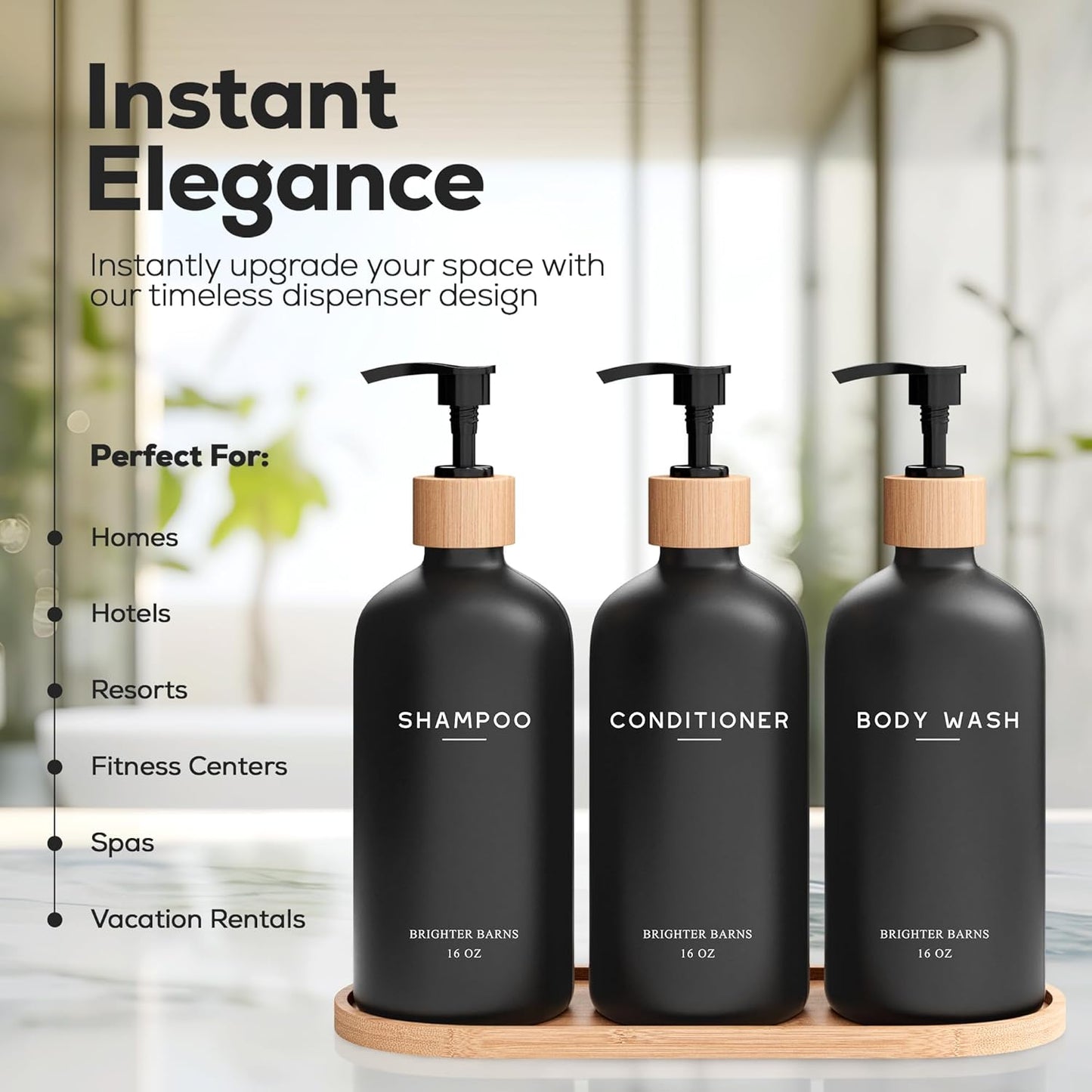 Black Shampoo and Conditioner Dispenser Set by  - Body Wash, Shampoo Dispenser for Shower with Pump - Refillable Plastic Shower Soap Dispenser for Bathroom Decor in Home, Airbnb (Black)