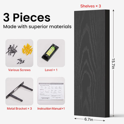 Floating Shelves for Wall, Wall Mounted Rustic Wood Shelves for Bathroom, Bedroom, Living Room, Kitchen, Hanging Shelf for Books/Storage/Room Decor with 22Lbs Capacity (Black, Set of 3, 15.7In) | Easy Install, 22Lbs Max Load, Hidden Bracket, Wall Shelves for Lego Plant Nursery Dorm Laundry Display, Multi-Wall Compatible