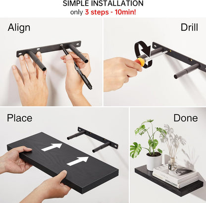 Floating Shelves for Wall, Wall Mounted Rustic Wood Shelves for Bathroom, Bedroom, Living Room, Kitchen, Hanging Shelf for Books/Storage/Room Decor with 22Lbs Capacity (Black, Set of 3, 15.7In) | Easy Install, 22Lbs Max Load, Hidden Bracket, Wall Shelves for Lego Plant Nursery Dorm Laundry Display, Multi-Wall Compatible