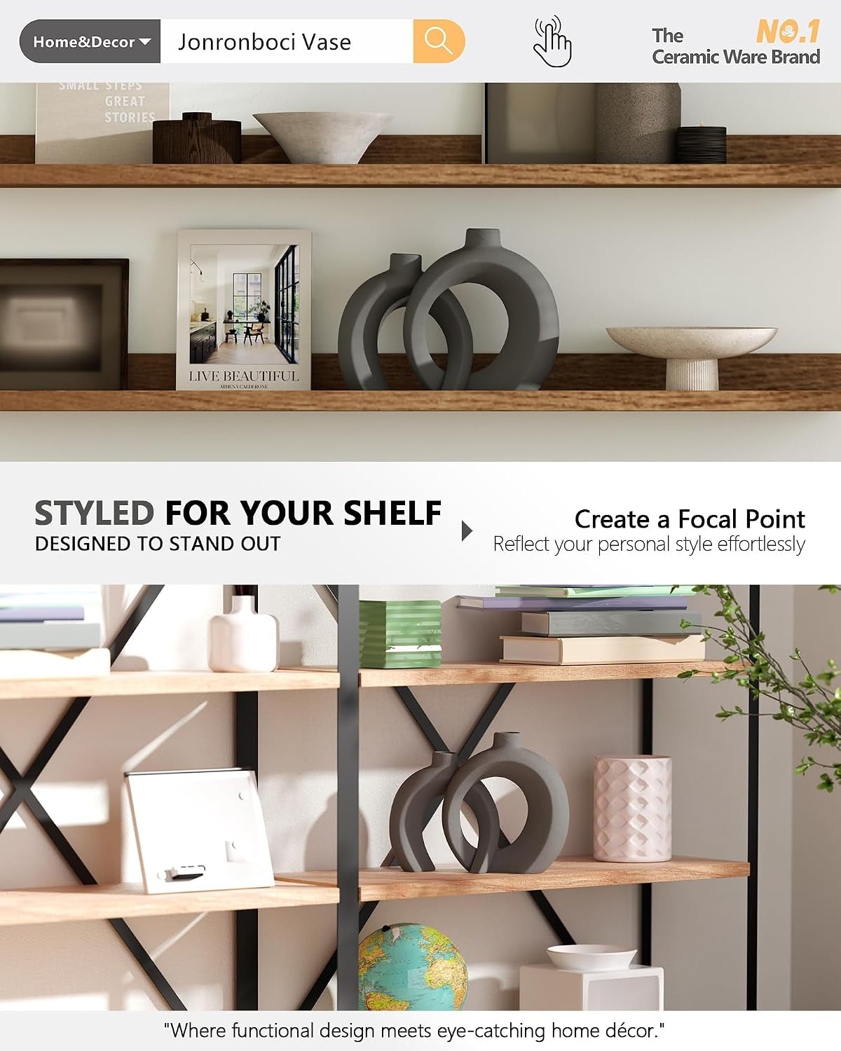 Set of 2 Gray Ceramic Vases for Home Decor Accents - Unique Hollow Donut Artistic Design Minimalism Industrial Scandinavian Style Decorative Vases for Shelf, Mantel, Entryway Table Decor (Matte Gray)