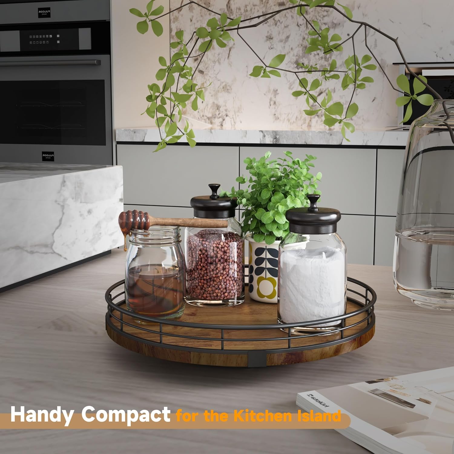 10-Inch Farmhouse Oak Lazy Susan Cabinet Organizer, Walnut Finish | Smooth Rotating Oak Tray with Walnut Finish for Dining Tables, Kitchen Counters, Pantries and Cabinet Storage.