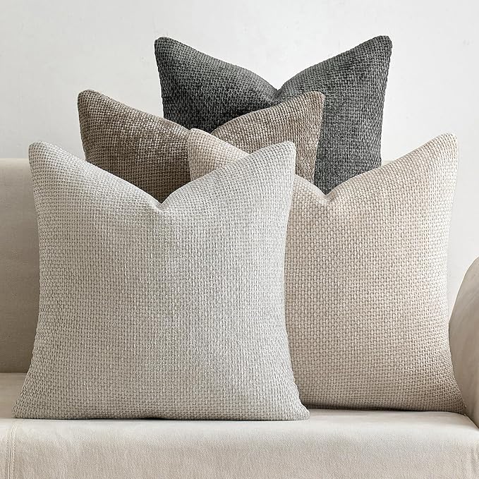 Soft Decorative Chenille Pillow Covers Neutral 18X18 Pack of 4 | Mid Century Modern Decor, Cream to Charcoal Set, Couch Throw Pillows, Farmhouse Boho Cushion Covers for Sofa Bed Living Room