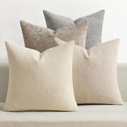 Soft Decorative Chenille Pillow Covers Neutral 18X18 Pack of 4 | Mid Century Modern Decor, Cream to Charcoal Set, Couch Throw Pillows, Farmhouse Boho Cushion Covers for Sofa Bed Living Room