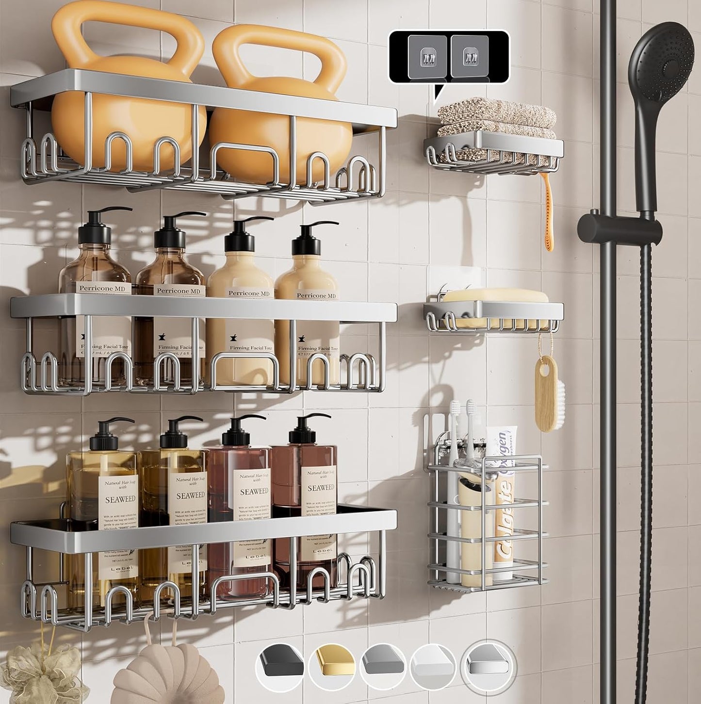 Shower Caddy 6-Pack, Bathroom Organizers and Storage Shelves, Black | Advanced Rustproof Design, Large Capacity, No Drilling, Adhesive Rack with Soap Holder, Wall-Mounted Kitchen & Home Decor