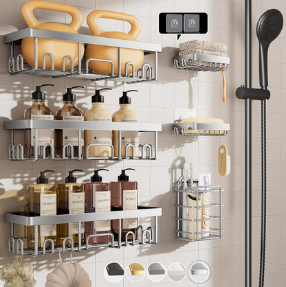 Shower Caddy 6-Pack, Bathroom Organizers and Storage Shelves, Black | Advanced Rustproof Design, Large Capacity, No Drilling, Adhesive Rack with Soap Holder, Wall-Mounted Kitchen & Home Decor