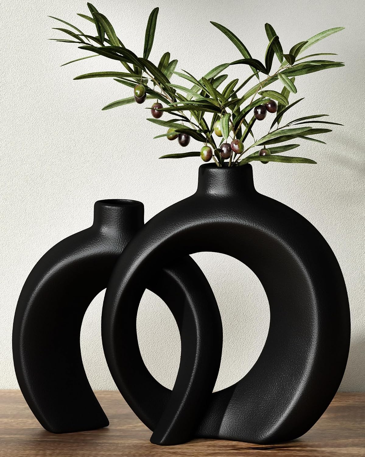 Set of 2 Gray Ceramic Vases for Home Decor Accents - Unique Hollow Donut Artistic Design Minimalism Industrial Scandinavian Style Decorative Vases for Shelf, Mantel, Entryway Table Decor (Matte Gray)
