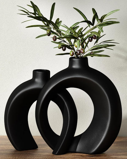 Set of 2 Gray Ceramic Vases for Home Decor Accents - Unique Hollow Donut Artistic Design Minimalism Industrial Scandinavian Style Decorative Vases for Shelf, Mantel, Entryway Table Decor (Matte Gray)