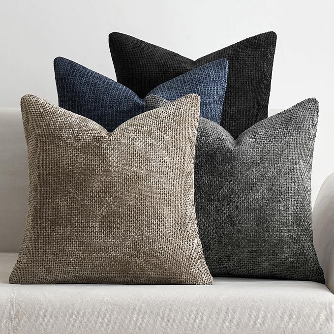 Soft Decorative Chenille Pillow Covers Neutral 18X18 Pack of 4 | Mid Century Modern Decor, Cream to Charcoal Set, Couch Throw Pillows, Farmhouse Boho Cushion Covers for Sofa Bed Living Room