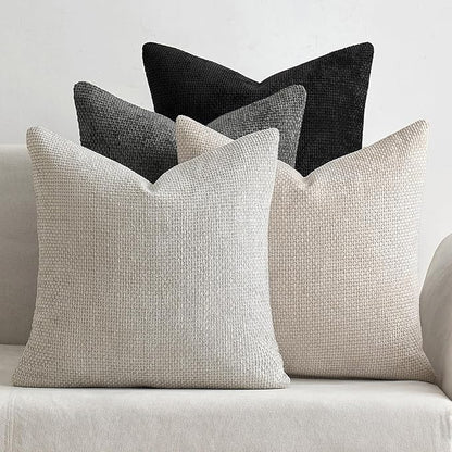 Soft Decorative Chenille Pillow Covers Neutral 18X18 Pack of 4 | Mid Century Modern Decor, Cream to Charcoal Set, Couch Throw Pillows, Farmhouse Boho Cushion Covers for Sofa Bed Living Room