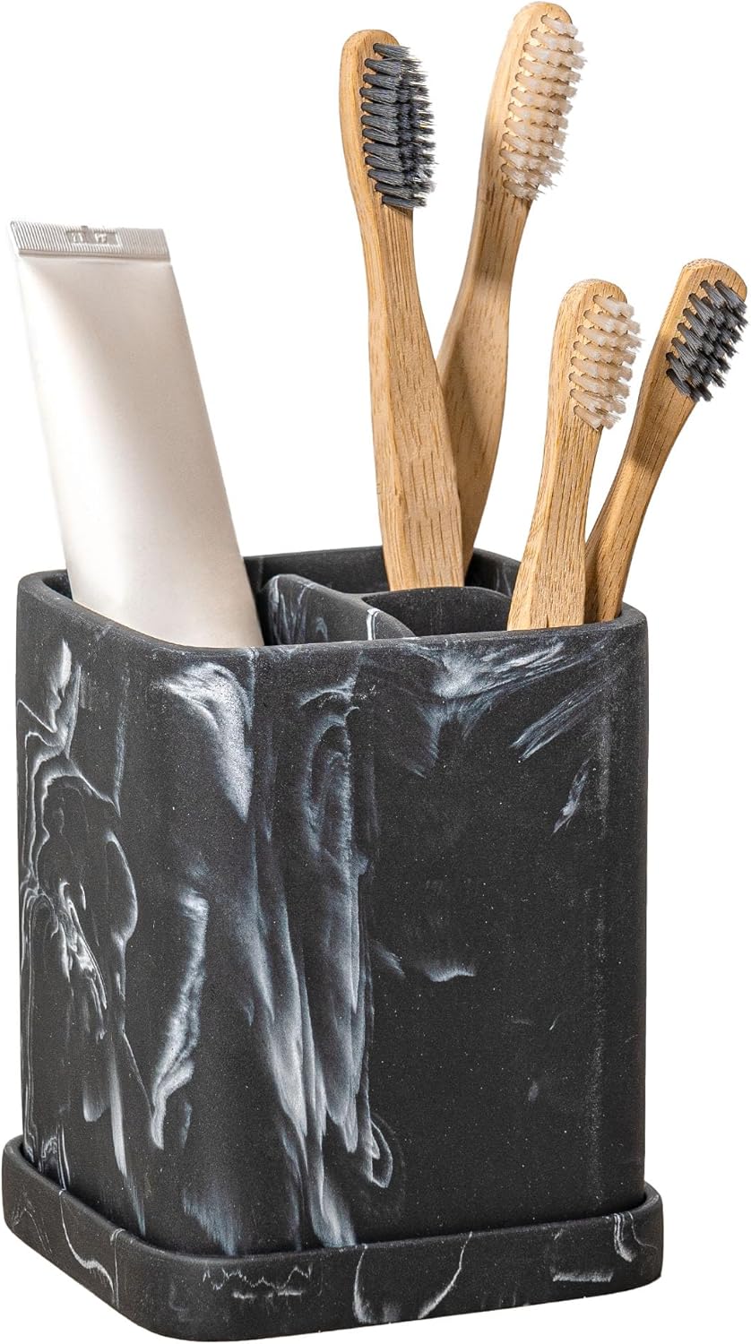 Toothbrush Holder, Countertop Marble Look Electric Toothbrush Toothpaste Makeup Brush Razor Holder Stand Bathroom Organizer with Detachable Tray