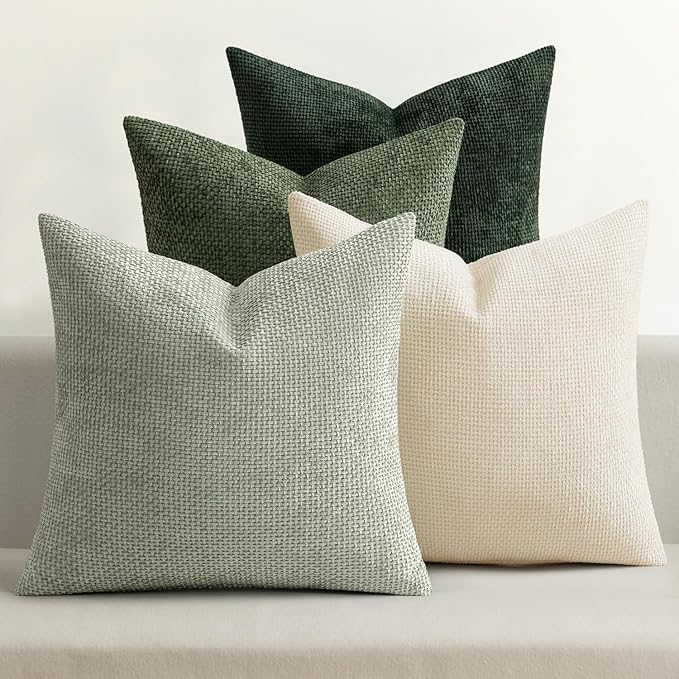 Soft Decorative Chenille Pillow Covers Neutral 18X18 Pack of 4 | Mid Century Modern Decor, Cream to Charcoal Set, Couch Throw Pillows, Farmhouse Boho Cushion Covers for Sofa Bed Living Room