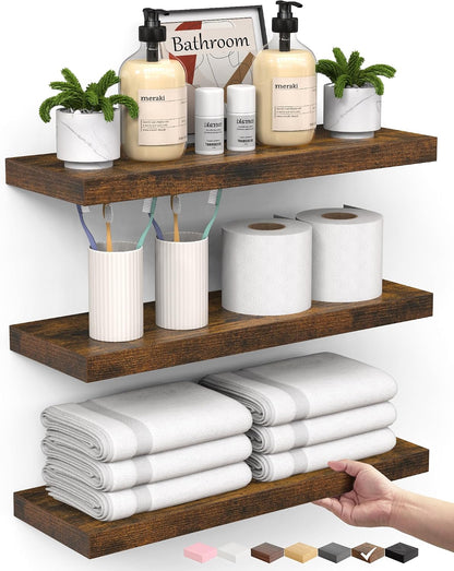 Floating Shelves for Wall, Wall Mounted Rustic Wood Shelves for Bathroom, Bedroom, Living Room, Kitchen, Hanging Shelf for Books/Storage/Room Decor with 22Lbs Capacity (Black, Set of 3, 15.7In) | Easy Install, 22Lbs Max Load, Hidden Bracket, Wall Shelves for Lego Plant Nursery Dorm Laundry Display, Multi-Wall Compatible
