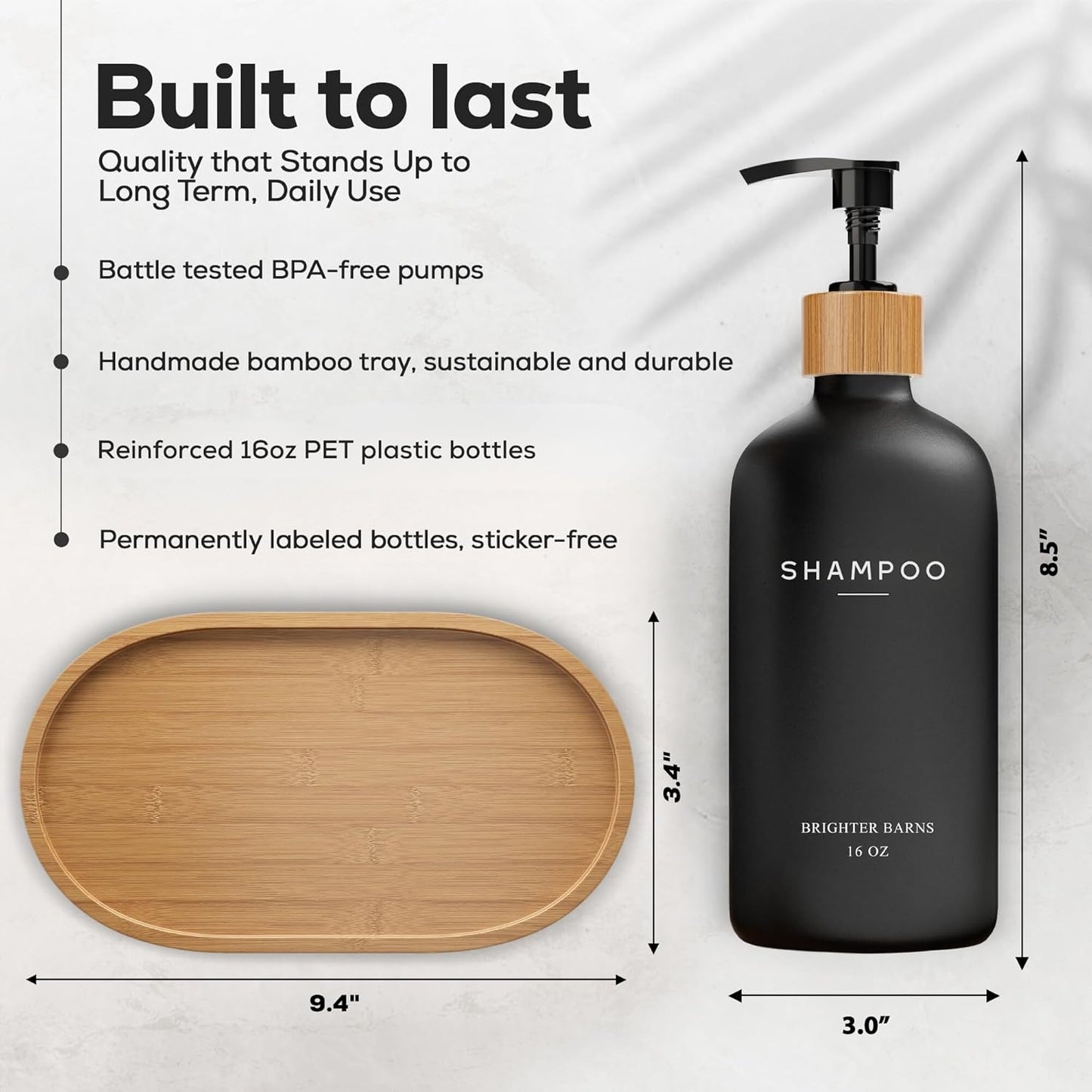 Black Shampoo and Conditioner Dispenser Set by  - Body Wash, Shampoo Dispenser for Shower with Pump - Refillable Plastic Shower Soap Dispenser for Bathroom Decor in Home, Airbnb (Black)