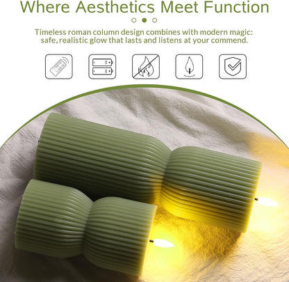 Olive Green Ribbed Flameless Pillar Candles with Remote Set of 2 | 2 AA Battery Powered, Flickering LED Decorative Candles, Home Shelf Table Decor, Real Wax Coating